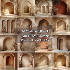 May include: Nine digital overlays of brown arches with various textures and lighting. Each arch has a different background, including a plain brown wall, a wall with a textured surface, and a wall with a brick pattern. The arches are all empty, but they could be used to create a variety of scenes.