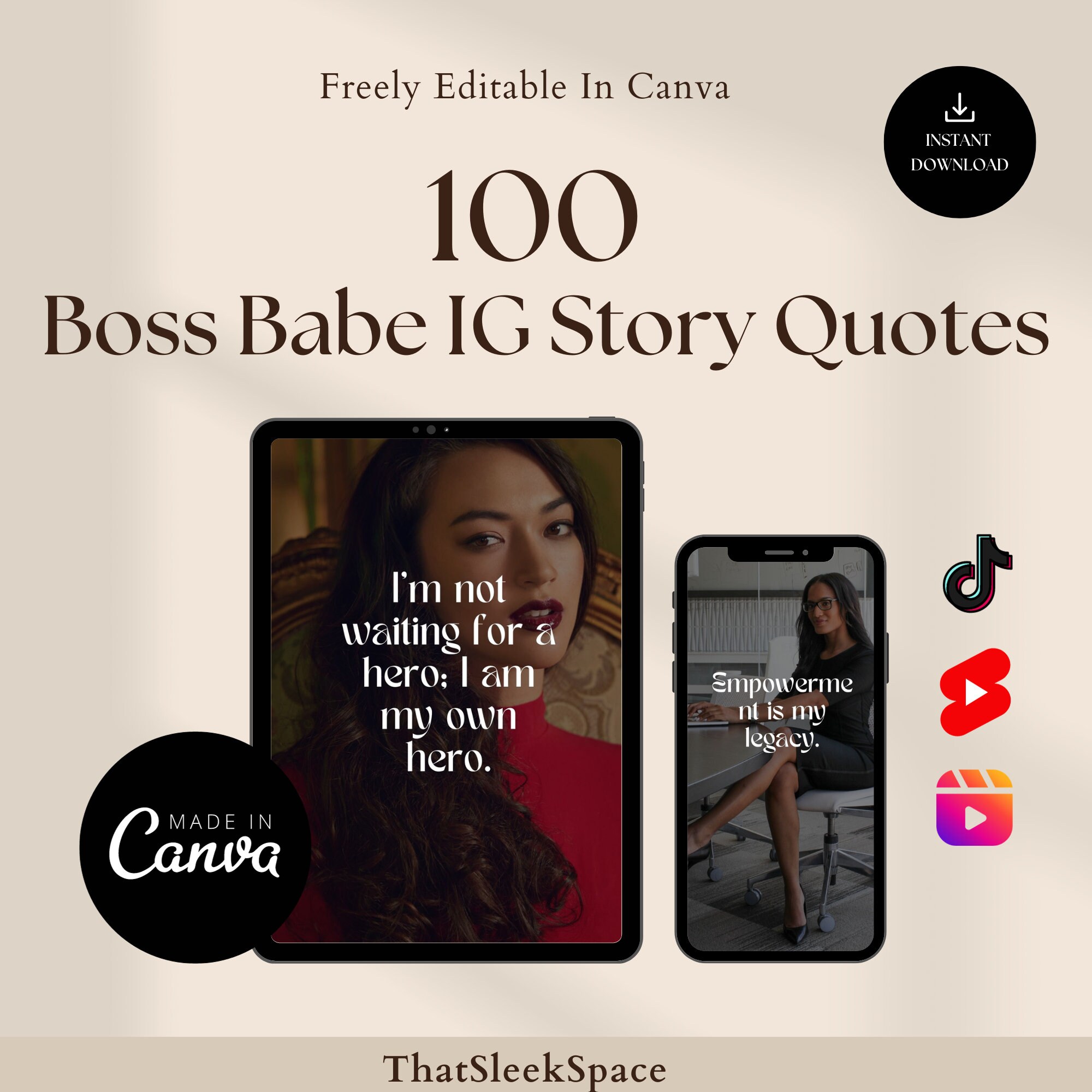 100 Boss Babe IG Story Quotes Bundle l Quotes Pack I For Instagram Reels, Tiktok, Youtube Shorts I Canva Editable I Viral Quotes Templates