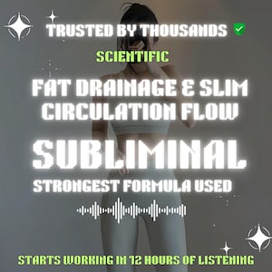 以下が含まれることがあります： 画像にはテキストが含まれています: "TRUSTED BY THOUSANDS, SCIENTIFIC, FAT DRAINAGE & SLIM CIRCULATION FLOW, SUBLIMINAL, STRONGEST FORMULA USED, STARTS WORKING IN 12 HOURS OF LISTENING." スポーツウェアを着た女性がいます。テキストは光るピクセルフォントです。