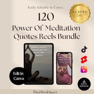 Può includere: Un'offerta di prodotto digitale per un pacchetto di 120 bobine di citazioni sulla meditazione. L'immagine mostra due schermate di telefono con citazioni sulla meditazione, un sigillo dorato con il testo "Prodotto di lusso", e icone di social media per TikTok, Instagram e YouTube. Sono anche visibili i testi "Facilmente modificabile in Canva" e "Modifica in Canva".
