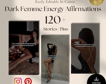 121 Dark Femme Energy Affirmations IG Story Bundle | Pinterest Pins | Done For You Instagram Stories, Canva Editable Quote | Girl Boss Insta
