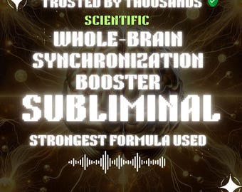 May include: An advertisement with a dark background and white text promoting a product. The text includes "Trusted by Thousands," "Scientific," "Whole-Brain Synchronization Booster," and "Subliminal." The image also features a sound wave graphic and the phrase "Strongest Formula Used."