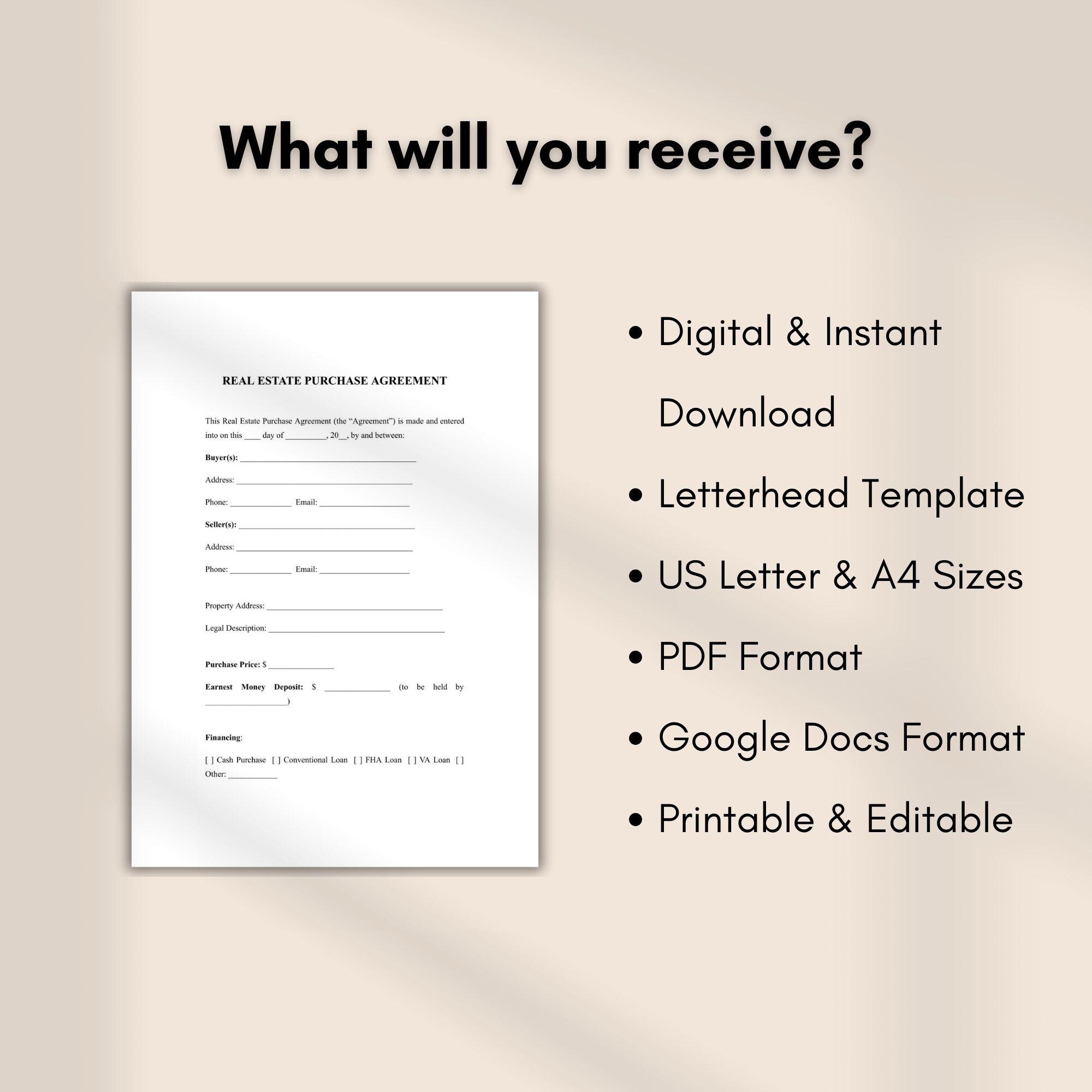 Real Estate Purchase Agreement Template Editable Home Sale Contract ...
