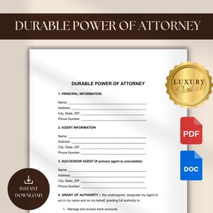 Durable Power of Attorney Template Legal Forms Instant Download, POA Agreement Editable Power of Attorney Form Google Docs Word PDF Contract