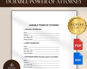 Durable Power of Attorney Template Legal Forms Instant Download, POA Agreement Editable Power of Attorney Form Google Docs Word PDF Contract