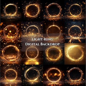 Sovrapposizioni di luci bokeh, anelli di maternità dorati, sovrapposizioni di cerchi, anelli di luce di maternità natalizi, cerchi di luce di maternità, sfondo di maternità artistico