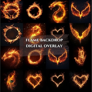 May include: A collection of 16 digital overlays featuring various shapes and designs made of fire. The overlays are perfect for adding a fiery touch to photos and videos.  The text "FLAME BACKDROP DIGITAL OVERLAY" is displayed in the center of the image.