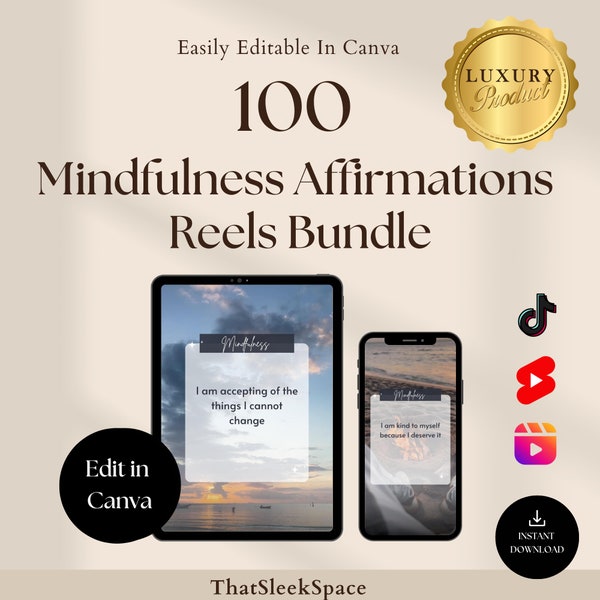 100 Mindfulness Affirmations Reels Bundle l For Instagram Reels, Tiktok,Youtube Shorts I Canva Editable Templates, Viral Reels Templates