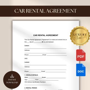 Car Rental Agreement Templates Car Rental Contract Printable Vehicle Lease Form Vehicle Rental Agreement Editable Google Docs, PDF