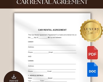 Car Rental Agreement Templates Car Rental Contract Printable Vehicle Lease Form Vehicle Rental Agreement Editable Google Docs, PDF