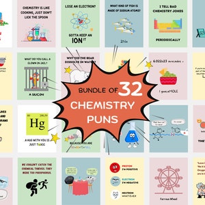 Könnte beinhalten: Ein Satz von 32 illustrierten Karten mit Chemie-Wortspielen. Die Karten sind bunt und zeigen Comicfiguren und Illustrationen. Die Karten sind in einem Raster angeordnet und haben eine rote Sprechblase mit dem Text "Bundle of 32 Chemistry Puns".