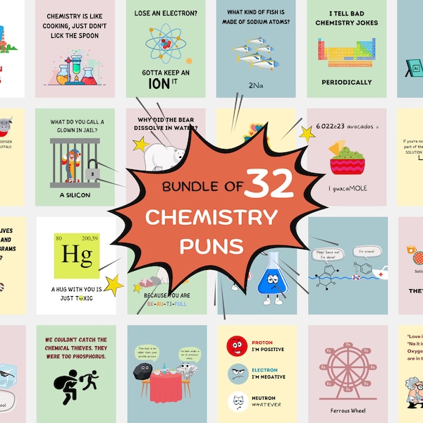 Funny science puns posters (Bundle of 32), Chemistry Puns Posters, Science Jokes, Science Class decor, High school, science teacher gift