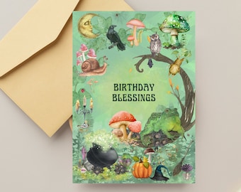Enchanted forest birthday card, Hedge Witch Birthday card, magical witchy birthday card, wizard birthday card, Gothic birthday card