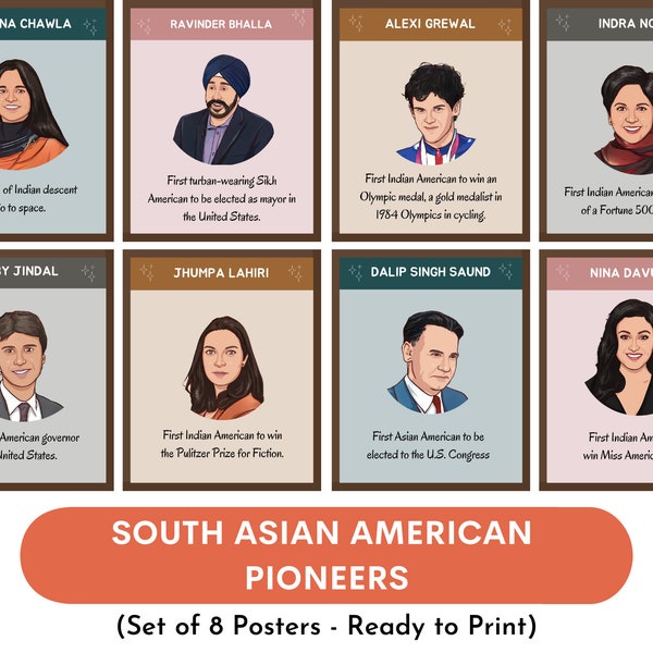 South Asian American pioneers posters(Set of 8), remarkable Indian Americans, Asian American Heritage Month, AAPI, Quotes, Class Decor