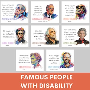 Könnte beinhalten: Eine Collage von Bildern berühmter Menschen mit Behinderungen, darunter Stephen Hawking, Franklin D. Roosevelt, Stevie Wonder, Frida Kahlo, Andrea Bocelli, Temple Grandin, Helen Keller und Nick Vujicic. Jedes Bild enthält ein Zitat der Person.