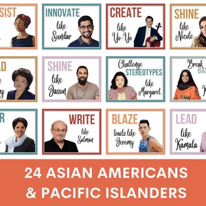 Könnte beinhalten: Ein farbenfrohes Poster mit 24 Porträts von asiatisch-amerikanischen und pazifischen Inselbewohnern. Jedes Porträt wird von einem Satz wie "Beharrlich wie Yuri" oder "Strahle wie Jason" begleitet. Das Poster trägt den Titel "24 Asian Americans & Pacific Islanders".
