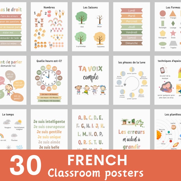 Affiches de classe de français (30 affiches), décoration de classe de français, affiches éducatives en français, thème bohème, affiches éducatives en français