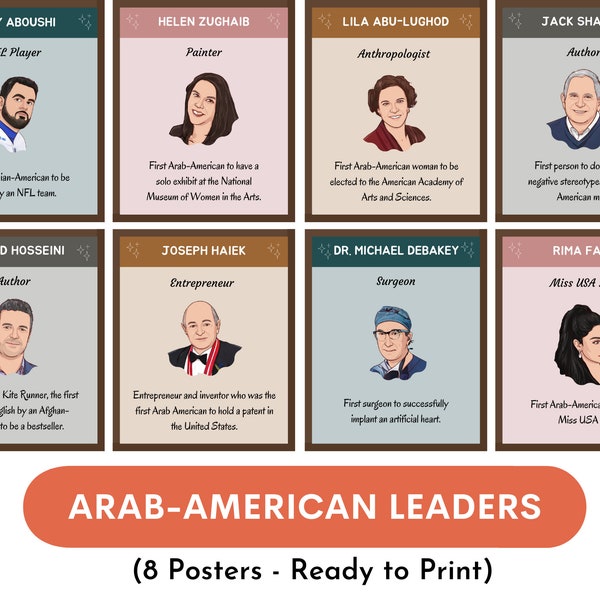 Plakate arabisch-amerikanischer Führer (8er-Set), arabisch-amerikanische Pioniere, Monat des arabisch-amerikanischen Erbes, NAAHM, berühmte arabische Amerikaner, Klassenzimmerdekoration