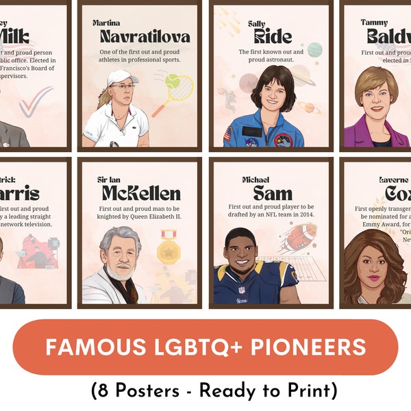 Leaders LGBTQ+ (lot de 8 affiches), affiches de pionniers LGBTQ célèbres, histoire du mois de la fierté, artisans de l'histoire LGBTQ, décoration de salle de classe, babillard
