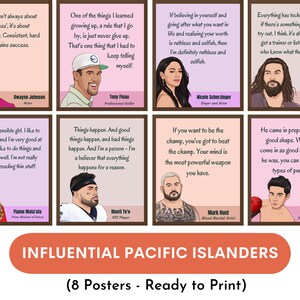 Pode incluir: Conjunto de oito cartazes com citações de influentes ilhéus do Pacífico, incluindo Dwayne Johnson e Jason Momoa. Cada cartaz apresenta um retrato e uma citação motivacional. Os cartazes estão prontos para imprimir.