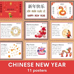 以下が含まれることがあります： 中国の旧正月の伝統に関する、赤い背景と白い文字のポスターが11枚。ポスターには、ヘビ、花火、提灯、龍の踊り、時計の画像が描かれている。テキストには、「新年おめでとう」と「蛇年」の中国語の文字が含まれている。