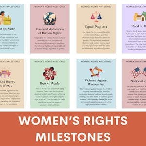 Könnte beinhalten: Eine farbenfrohe Infografik, die wichtige Meilensteine der Frauenrechtsbewegung hervorhebt. Die Infografik zeigt Bilder und Texte, die Ereignisse wie das Wahlrecht, das Equal Pay Act, Roe v. Wade und das Violence Against Women Act beschreiben.