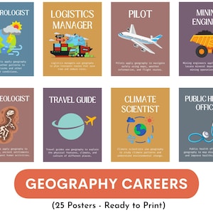 May include: A set of eight educational posters titled Geography Careers, featuring illustrations and descriptions for roles including Meteorologist, Logistics Manager, Pilot, Mining Engineer, Archaeologist, Travel Guide, Climate Scientist, and Public Health Officer.