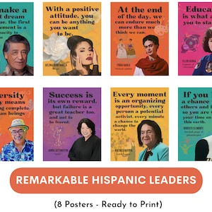 Hispanic Heritage Month, opmerkelijke posters met Spaanse leiders - regenboog (set van 8), beroemde Latina-leiders, klas- en kantoordecor