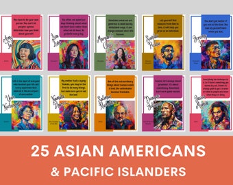 Famosos carteles de iconos asiático-americanos (juego de 25), famosos isleños del Pacífico, Mes de la herencia asiático-americana, AAPI, citas inspiradoras