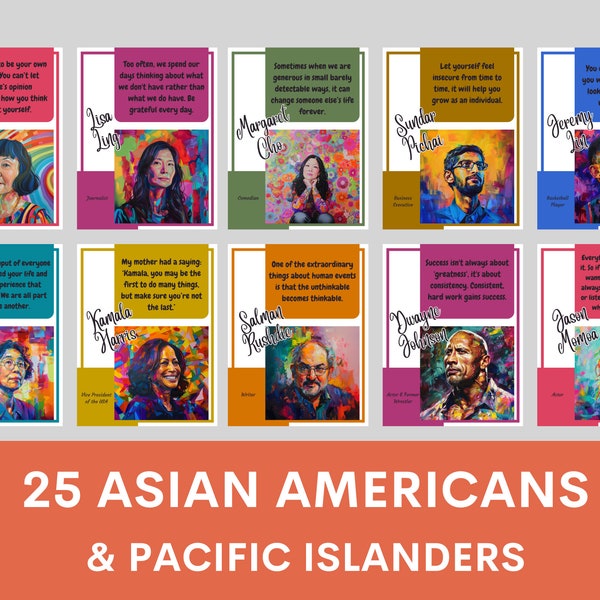 Beroemde Aziatisch-Amerikaanse iconen posters (set van 25), beroemde Pacifische eilandbewoners, Asian American Heritage Month, AAPI, inspirerende citaten