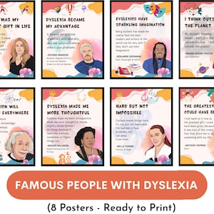 Famous people with Dyslexia posters (set of 8),  Inspirational quotes on Dyslexia, Classroom Decor, bulletin board