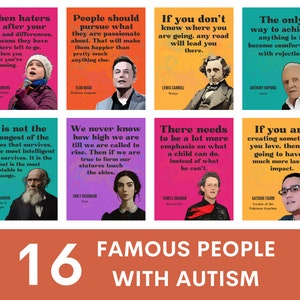 May include: A collage of 16 colourful squares, each featuring a famous person with a quote and their name. The squares are arranged in a 4x4 grid. The background is a solid orange colour with the text "16 FAMOUS PEOPLE WITH AUTISM" in white.