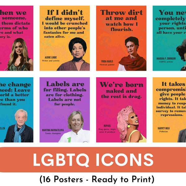 Famous LGBTQ icons (set of 16 posters), famous LGBTQ leaders, Pride month posters, Classroom Decor, bulletin board