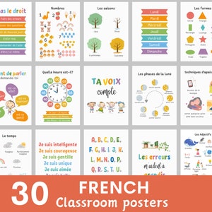Affiches de classe de français (30 affiches), Décoration de classe de français, Affiches éducatives de classe française lumineuses, affiches éducatives en francais