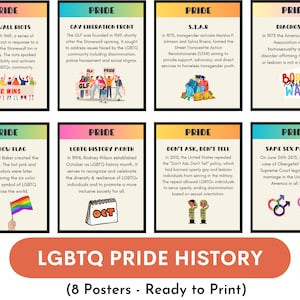 LGBTQ+ PRIDE-geschiedenis (set van 8 posters), Pride-maandposters, klasdecor, prikbord, kantoorinrichting
