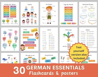 Tarjetas didácticas y pósteres en alemán, aprendizaje del idioma alemán, pósteres para el aula de alemán, elementos esenciales del alemán