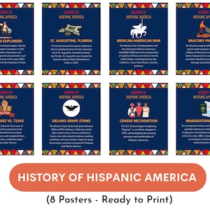 Hispanic Heritage Month, History of Hispanic America posters (Set of 8), Classroom and office Decor - Bold edition