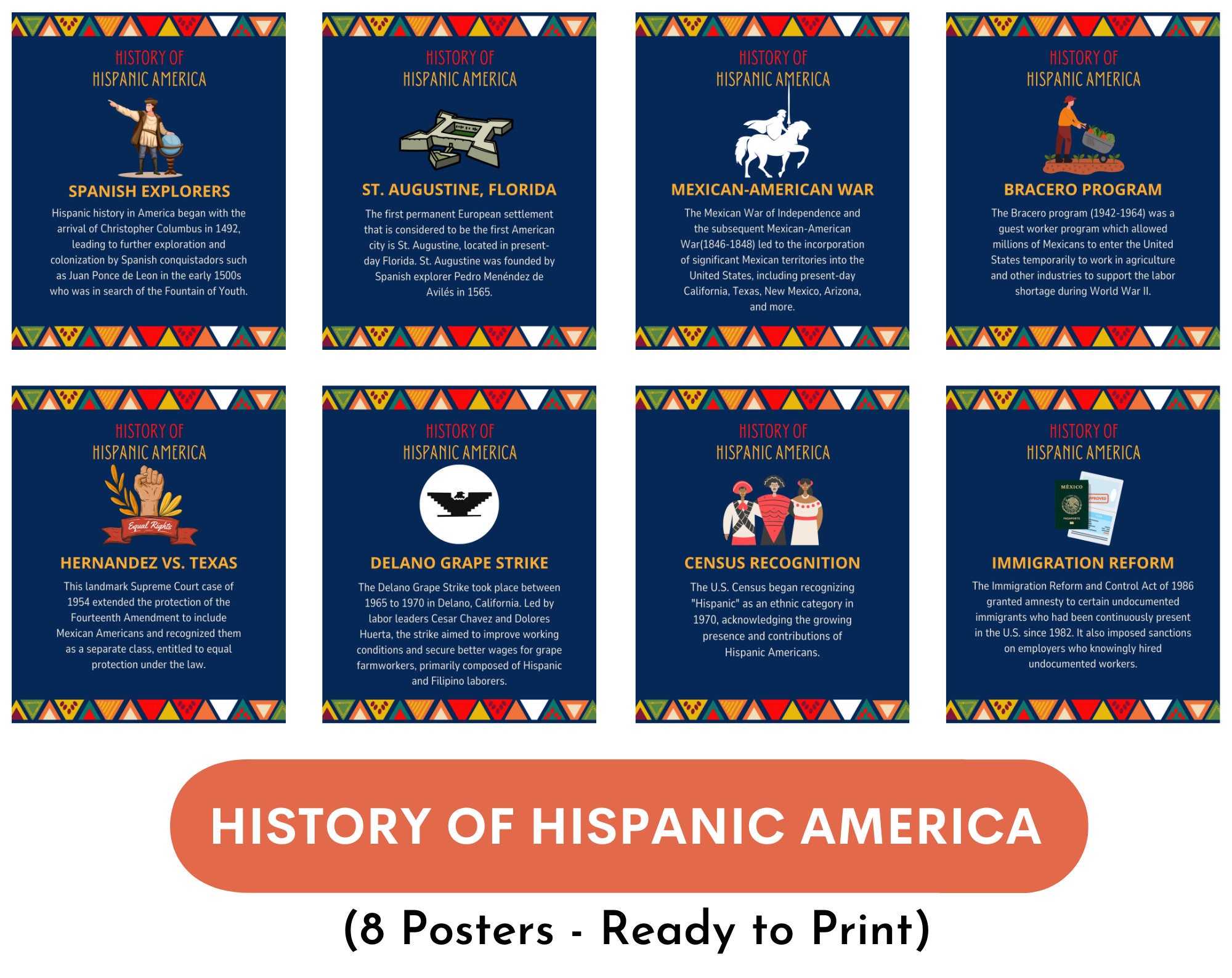 Hispanic Heritage Month, History of Hispanic America Posters set of 8