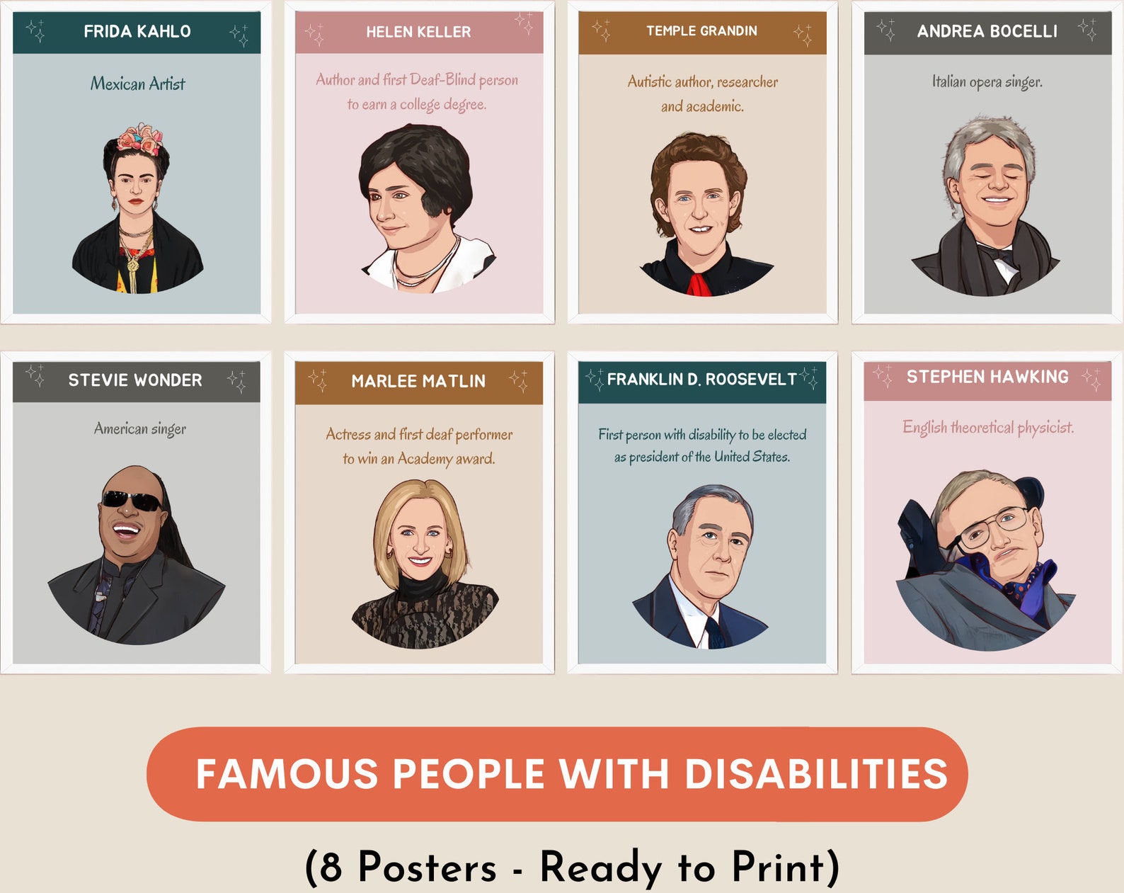 Famous People With Disability Posters set of 8, Disability Awareness
