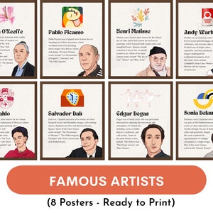 Famous artists posters (set of 8), Influential artists, art classroom decor, art school hallway, Printable artists biographies