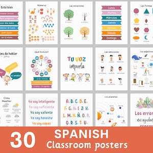 Spanish classroom posters (30 posters), Spanish classroom decor, spanish educational classroom posters, pósteres educativos en español