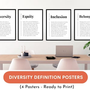 May include: Four black and white posters with the words "Diversity", "Equity", "Inclusion", and "Belonging" with definitions for each word. The posters are on a white wall above a table with a laptop and a plant.
