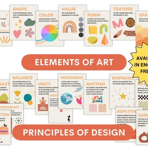 Pacote de pôsteres com elementos de arte e princípios de design, decoração de sala de aula de arte, professor de arte