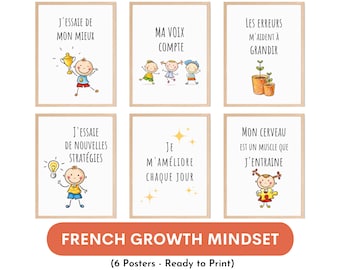 Pósteres de mentalidad de crecimiento en francés, decoración para aulas de francés, pósteres Montessori para aulas, carteles educativos en francés