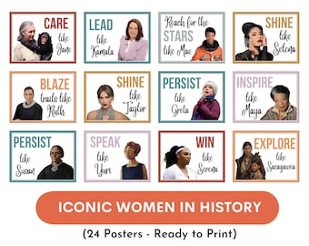 May include: A set of 24 printable posters featuring iconic women in history. Each poster features a portrait of a woman and a quote about her accomplishments. The posters are designed in a colorful and modern style.