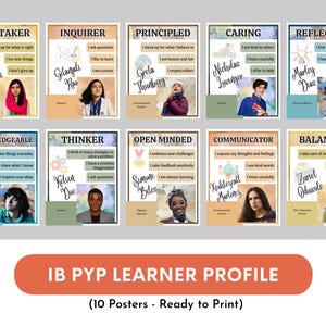 Pósteres del perfil de la comunidad de aprendizaje del IB PYP, temática bohemia, pósteres de jóvenes influyentes, pósteres de niños famosos, decoración del aula