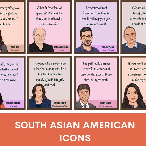 South Asian American Icons posters(Set of 8), Iconic Indian Americans, Asian American Heritage Month, AAPI, Quotes, Class Decor