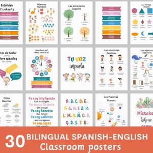 Bilingual Spanish-English Educational posters (set of 30), Spanish classroom decor, montessori classroom, pósteres educativos en español