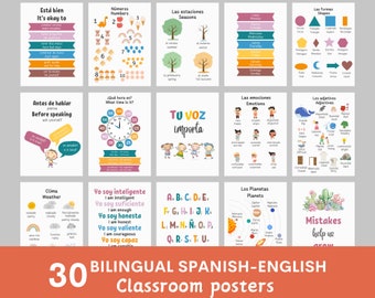 May include: Set of 30 bilingual Spanish-English classroom posters featuring colorful illustrations and text. The posters cover topics such as numbers, shapes, seasons, emotions, adjectives, weather, time, planets, and more.