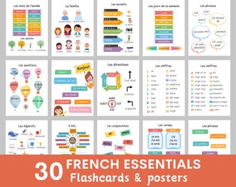 May include: A set of 30 colorful flashcards and posters for learning essential French vocabulary. The flashcards feature illustrations and text in French, covering topics such as months of the year, family members, days of the week, numbers, adjectives, verbs, and more.